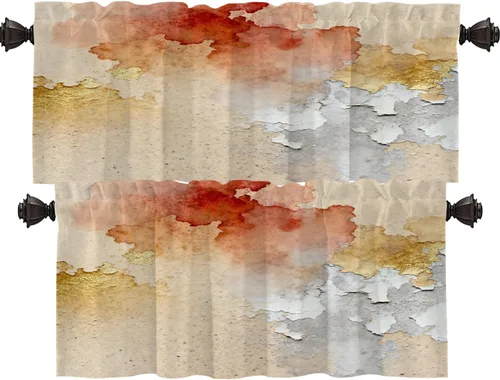 Vista 177 de Shrahala Beige and Orange Abstract Art Brushstrokes Blackout Curtain Tiers, Abstract Oil Paint Kitchen Valance Light Blocking Tier Drapes with Rod