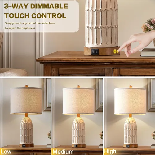 Vista 4 de Touch Table Lamp for Bedroom Nightstand, Cream Farmhouse Vintage Rustic 3-Way Dimmable Bedside Lamps with 2 USB Charging Ports,Single Cream