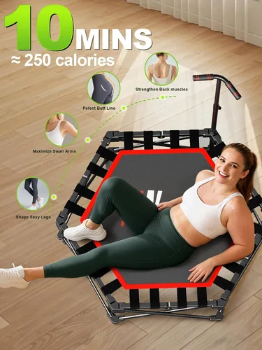 Vista 8 de 42" Foldable Mini Trampoline- 450lb Capacity Fitness Rebounder w/3-Level Adjustable T-Bar, Adults Workout Trampoline, Non-Slip Pad Foldable Design