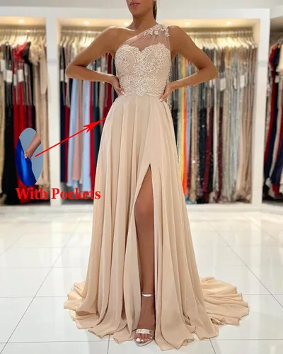 Vista 3 de Vestidos de dama de honor para boda, vestido de noche formal de un hombro con encaje acampanado y bolsillos