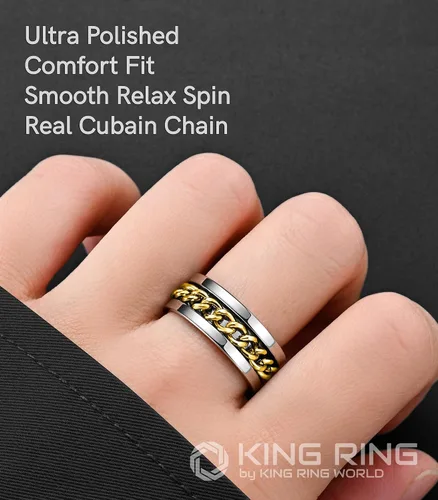 Vista 4 de King Ring Anillo giratorio de 0.315 pulgadas, anillo plano pulido fino para hombres y mujeres con cadena cubana, diseñado en Estados Unidos