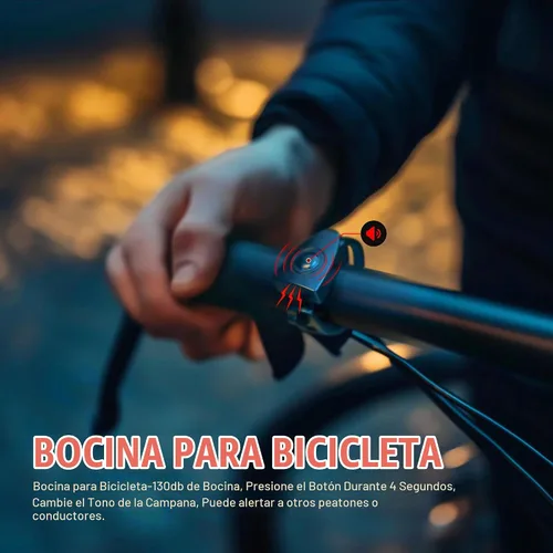 Vista 6 de Juego de luces de bicicleta con bocina 1400LM USB recargable faro de bicicleta y luz trasera y bocina impermeable 3 modos de iluminación se adapta a