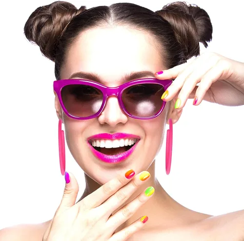 Vista 7 de Aretes de aro grandes de acrílico retro neón, estilo de los años 80 y 90, coloridos aretes de aro grandes, rosa intenso, ligeros, perfectos
