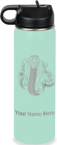 Vista 19 de LaserGram Botella de agua personalizada, serpiente de cobra, acero inoxidable de doble pared aislada al vacío con popote superior, regalo grabado