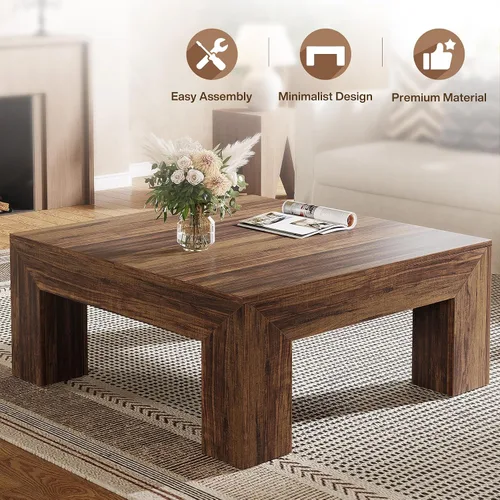 Vista 6 de Tribesigns Mesa de centro de 39.4 pulgadas cuadrada para sala de estar, mesa de té y cóctel estilo granja toda de MDF con patas de madera Marrón