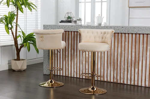 Vista 3 de Juego de 2 taburetes de bar giratorios de terciopelo de 360°, butacas ajustables para barra de cocina con respaldo de clavos, base dorada