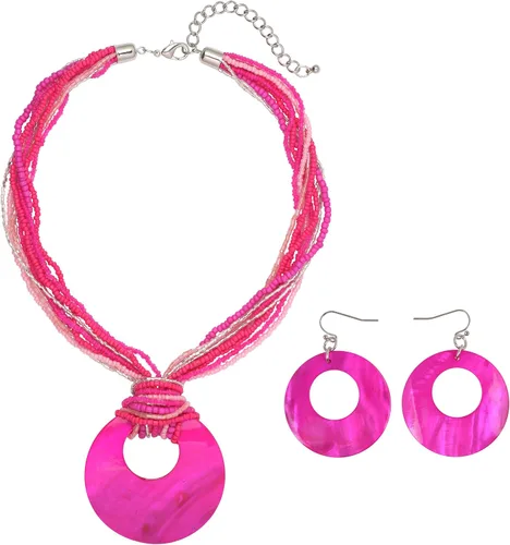 Vista 20 de Coiris Collar de varias vueltas con cuentas coloridas y gran colgante de concha circular para mujer Negro