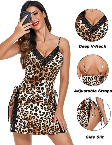 Vista 6 de Avidlove Lencería sexy para mujer, camisón de encaje con abertura lateral, camisón con tanga