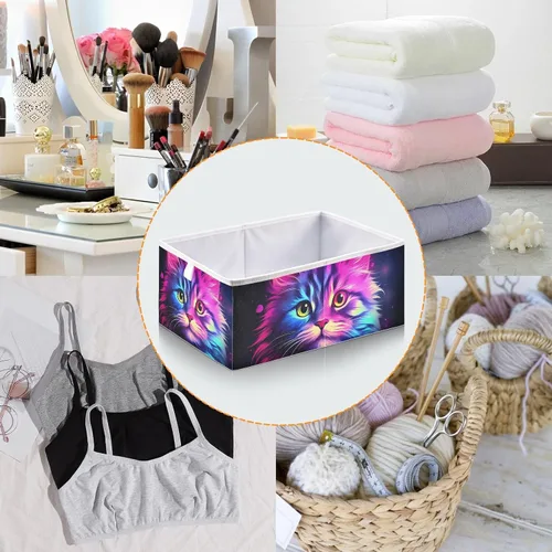 Vista 5 de Vnurnrn Cubo de almacenamiento plegable con impresión de gato morado brillante, cestas organizadoras con tablero de soporte para armario de estante
