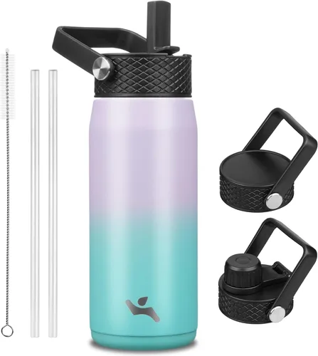 Vista 12 de Konokyo - Botella de agua aislada de 18 onzas, botellas deportivas de acero inoxidable con 3 tapas, verde militar