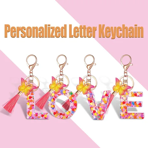 Vista 4 de Coloridos llaveros con letras iniciales para mujeres y niñas con borla de mariposa, dije para bolso, bolsos, mochilas