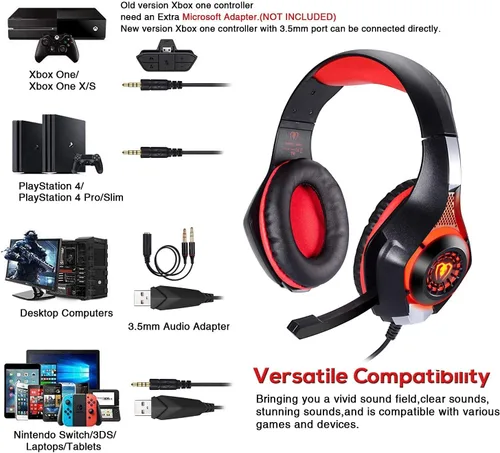 Vista 2 de BlueFire Auriculares con cable para juegos para PS4, PS5, Xbox One, PC, auriculares con sonido envolvente, micrófono con cancelación de ruido, Rojo