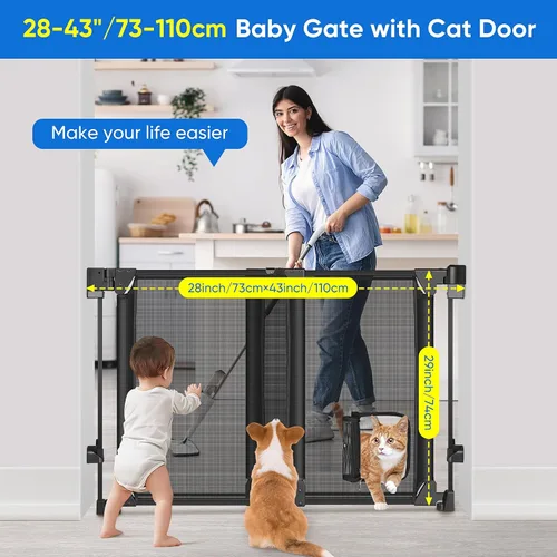 Vista 5 de Puerta mejorada de 28-43 pulgadas sin barra inferior para bebé/perro para uso en casa, escaleras, puertas Heavy-duty Hardware Mount Dog Gate with