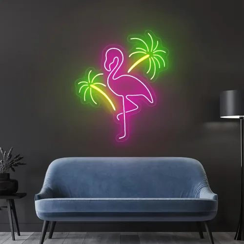 Vista 9 de Letrero de neón con diseño de flamenco y puesta de sol de 16 pulgadas para decoración de pared, flamenco rosa para fiesta, hogar, vacaciones, bar