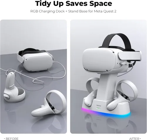 Vista 3 de Gamulus Base de carga RGB 2 en 1 y base de soporte para Meta Quest 2, auriculares y controladores VR estación de acoplamiento de carga rápida
