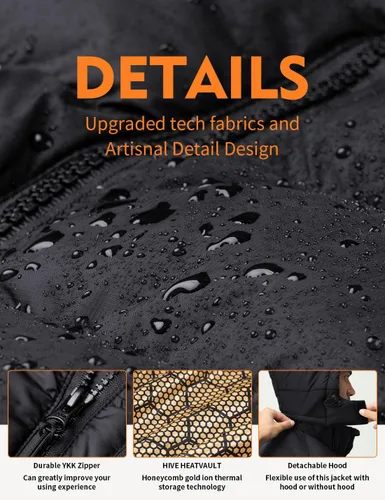 Vista 5 de Chaqueta térmica para hombre con batería de 12 V y guantes calentadores de manos, chaqueta con capucha aislante de calefacción eléctrica