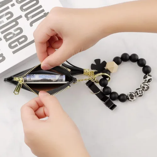Vista 3 de Pulsera de pulsera con llavero para cartera, bolsillo para tarjetas de crédito, monedero con borla, llavero para mujer