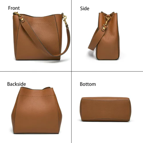 Vista 5 de DORIS&JACKY - Bolso hobo de cuero genuino estilo cubo para mujer, bolso de hombro de diseñador y bolso bandolera con correa ancha desmontable