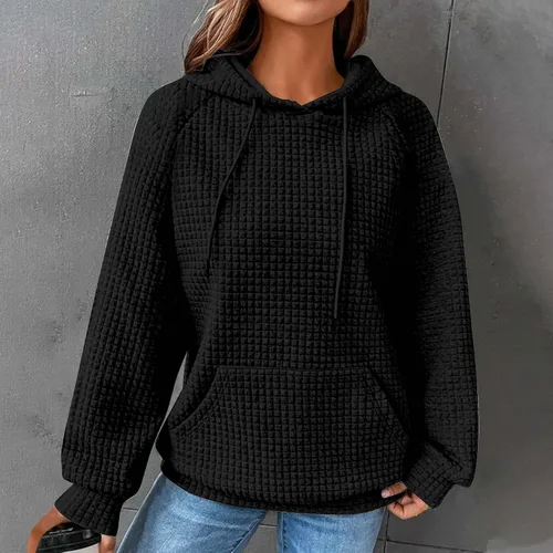 Vista 2 de Ceboyel Sudaderas con capucha de punto gofre para mujer, sudaderas con cordón de ajuste, suéteres casuales de moda, cómodos trajes de otoño