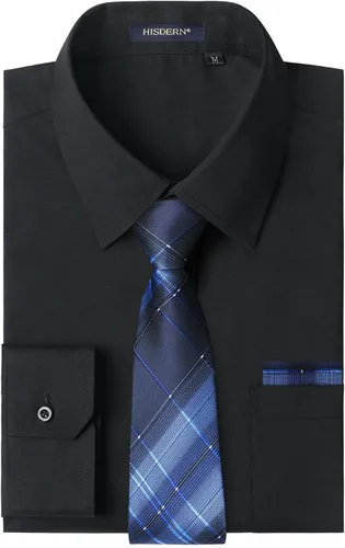 Vista 35 de HISDERN Mens Dress Shirt with Tie Pocket Square Set Classic Button Down Shirt Matching Tie Long Sleeve Shirts 08-verde