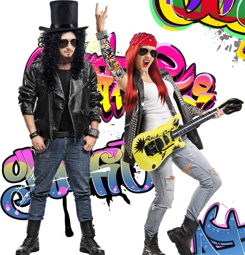Vista 6 de Yingzhao 2 juegos de 9 piezas de disfraces Rocker de los años 80 para hombres, incluye peluca mecedora inflable para guitarra, manga de tatuaje