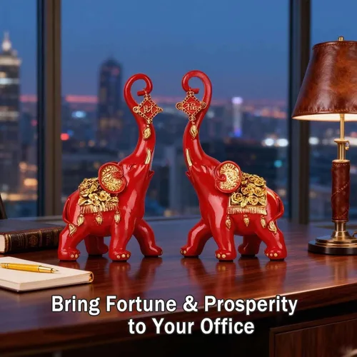 Vista 4 de Estatuas de elefante rojo para decoración del hogar, un par de estatuas de elefante de la suerte rojas y esculturas decorativas para la sala
