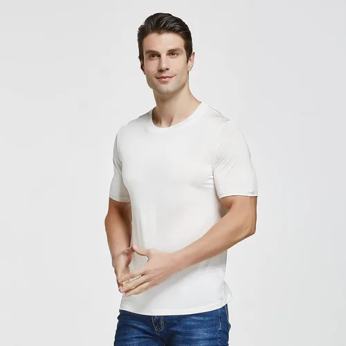 Vista 4 de Viamulion Camiseta de punto de seda para hombre, 100% seda de morera pura, suave y fresca, cuello redondo, camiseta interior casual