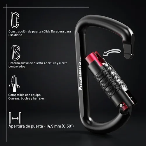 Vista 3 de FresKaro Clips de Mosquetón con Bloqueo Automático de 3 pulgadas, 12 kN-2698 libras, Forma D Sólida, Aluminio 7075 de Servicio Pesado, Ligero, 1.09