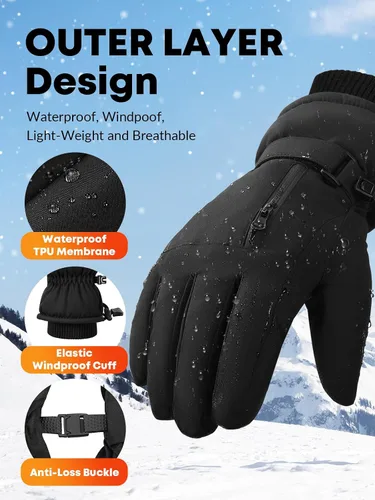 Vista 3 de KASBAH Guantes térmicos impermeables de invierno para hombres y mujeres, guantes de esquí con aislamiento cálido con diseño antideslizante
