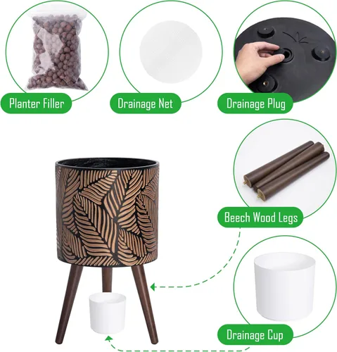 Vista 4 de D'vine Dev Maceta de 12 pulgadas con soporte, maceta alta de mediados de siglo con patas para plantas de interior, grande, bronce/gris, 88-L-C-6