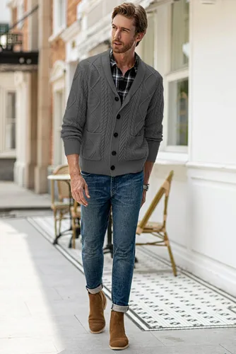 Vista 9 de JMIERR Suéter casual de manga larga con cuello de chal y botones para hombre con bolsillos