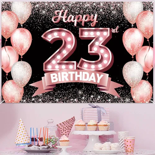 Vista 193 de Cartel de feliz cumpleaños décimo oro rosa, telón de fondo, saludos a 10 años, globos de confeti, decoración temática para niñas de 10 años