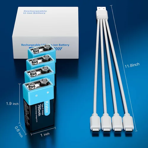 Vista 8 de Kratax Baterías de litio recargables USB de 9 V, paquete de 4 baterías recargables de iones de litio de 6840 mWh, 9 voltios con cable de carga