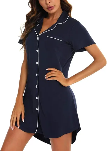 Vista 3 de Samring Camisón de pijama para mujer, manga cortalarga, con botones, camisón para dormir, camisón para novio, talla XXL