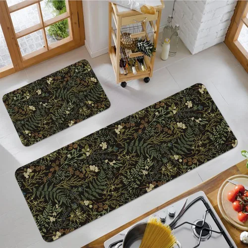 Vista 6 de Alfombras de Cocina Vintage Negras y Verdes Botánicas, Juego de 2 Alfombras de Cocina Antideslizantes Lavables, Tapetes de Cocina con Helechos