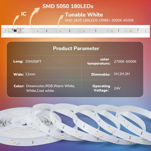 Vista 2 de Tira de luces LED RGBWW+IC de 50 pies, regulable, multicolor, 3000K-6500K luces LED con control remoto, cinta de luces RGB autoadhesivas que cambian
