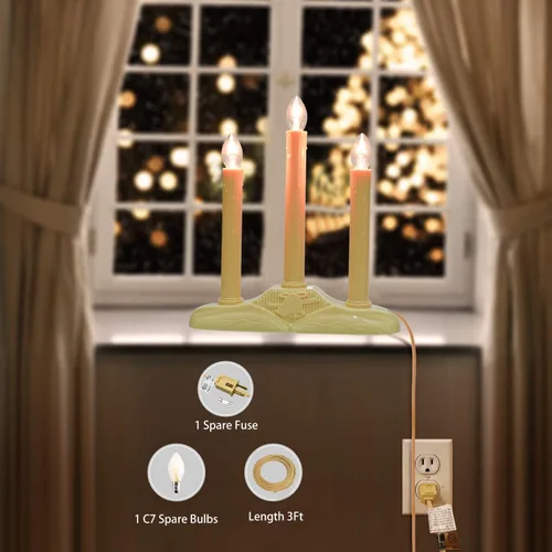 Vista 3 de Abeja Velas de Ventana de Navidad de 3 Luces, Lámpara de Vela de Ventana Eléctrica, Lámpara de Vela de Navidad con Enchufe y 4 Bombillas C7