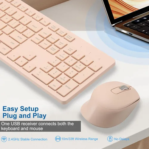 Vista 2 de Combo de teclado y mouse inalámbricos, silencioso y suave, teclado de computadora de tamaño completo de 2.4 G y mouse inalámbrico ergonómico