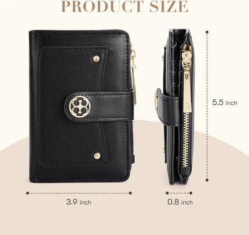 Vista 2 de Missnine Billetera pequeña para mujer RFID compacta cartera de cuero vegano plegable para mujer con tarjetero y monedero, Negro (Solid-Black)