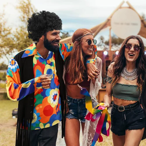 Vista 6 de Juego de 14 piezas de disfraz hippie de los años 60 y 70 para hombre, chaleco hippie, camisa de teñido anudado, peluca afro, collar de signo