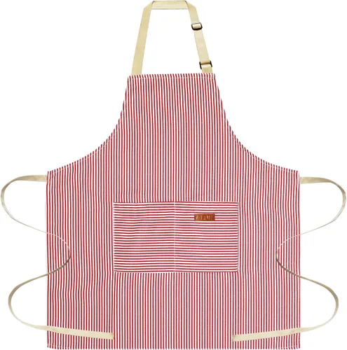 Vista 2 de AFUN Delantal de mezcla de algodón ajustable a rayas con bolsillos para mujeres y hombres (negro/rojo1, 2)