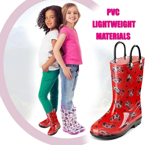 Vista 4 de Disney Minnie Mouse - Botas de lluvia de PVC para niñas, ligeras e impermeables, con asa fácil de poner, para niños pequeños y pequeños, color rosa