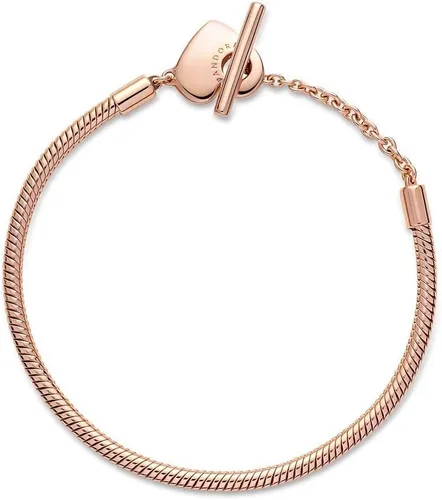Vista 4 de Pandora Moments - Pulsera de cadena de serpiente con cierre de barra en T de corazón, oro rosa de 14 quilates para mujer, compatible con dijes