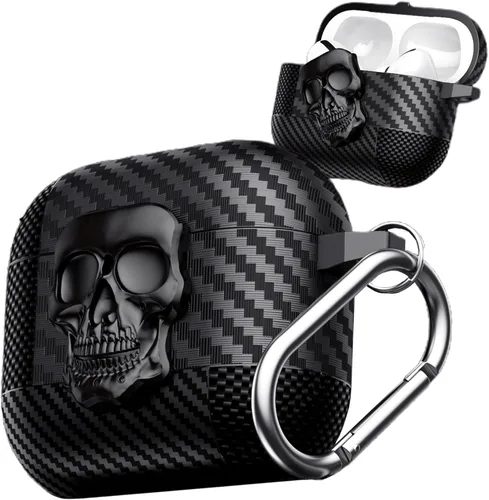 Vista 16 de Funda para AirPods Pro de 2ª generación, calavera con cerradura y llavero para hombres, divertida fibra de carbono de cuerpo completo, a prueba