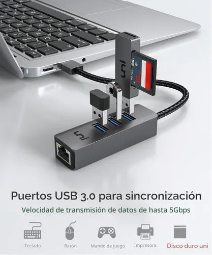 Vista 3 de uni Adaptador USB a Ethernet, concentrador USB 3.0 con 100/1000 Mbps RJ45 Ethernet sin controlador, resistente adaptador de red USB-A a LAN
