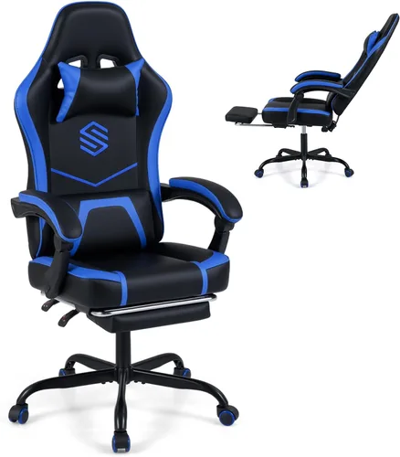 Vista 10 de GIANTEX Gaming Chair, Height Adjustable Computer Desk Chair with Headrest, Lumbar Support, Linkage Armrests, Reclining Backrest & Footrest Negro