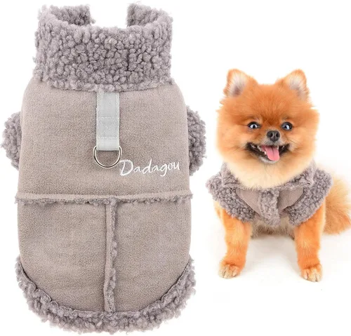 Vista 9 de SMALLLEE_LUCKY_STORE Chaqueta de gamuza sintética para mascotas, abrigo de invierno con forro polar mullido con anillo en D para perros pequeños