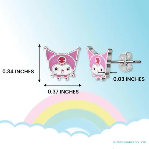 Vista 4 de Sanrio - Aretes Kuromi de Hello Kitty and Friends para mujer, chapados en plata y esmaltados, con licencia oficial, Latón, No es una piedra preciosa