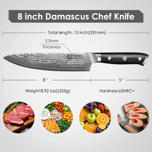 Vista 2 de Cuchillo de chef de Damasco, cuchillo de cocina de 8 pulgadas, cuchillo de damasco de 67 capas, cuchillos de cocina profesionales con núcleo japonés
