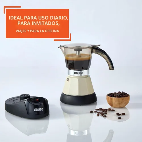 Vista 6 de IMUSA Cafetera eléctrica de almendras de 3 o 2 tazas, cafetera moka compacta con función de mantener el calor, base desmontable, cafetera de leche